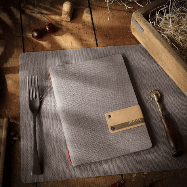 Porta menu juta grigio etichetta patch a5 solo elastico