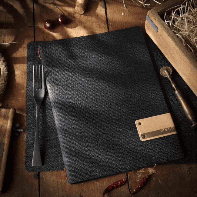 Porta menu juta nero etichetta patch a4 solo elastico