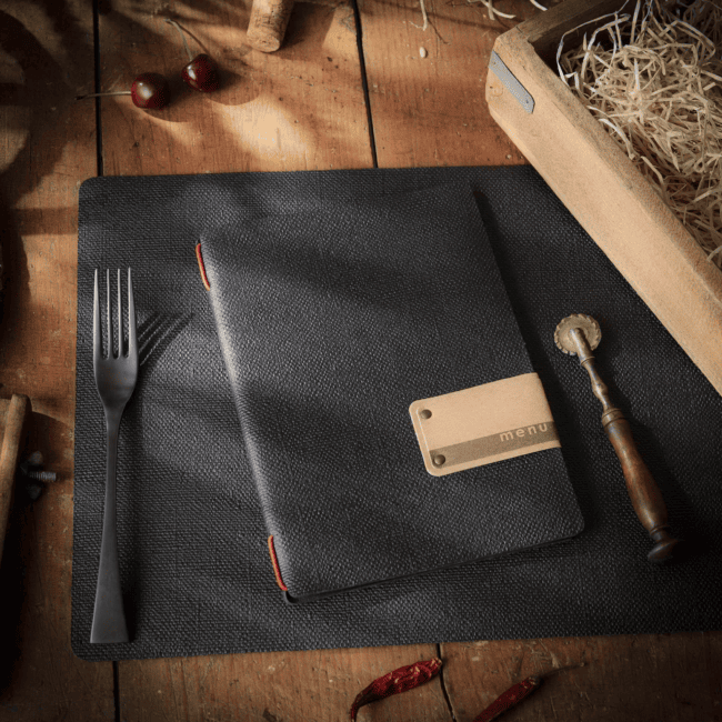 Porta menu juta nero etichetta patch a5 solo elastico