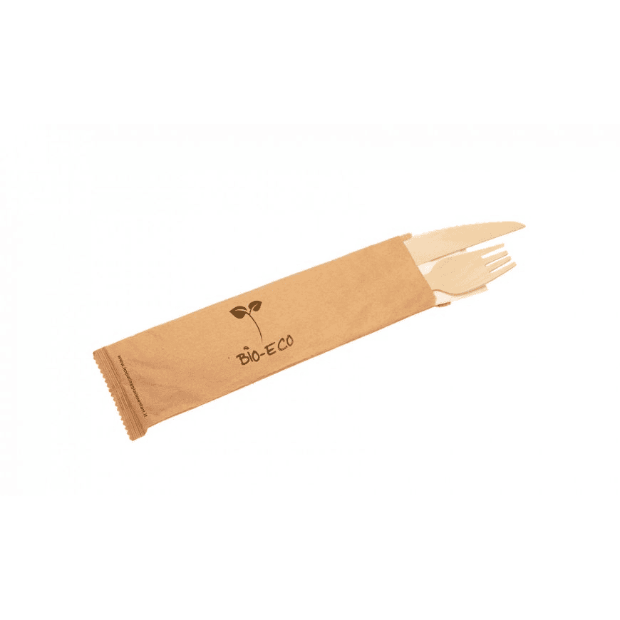 Cartone 250 coppia forchetta coltello legno + tovagliolo imbustato